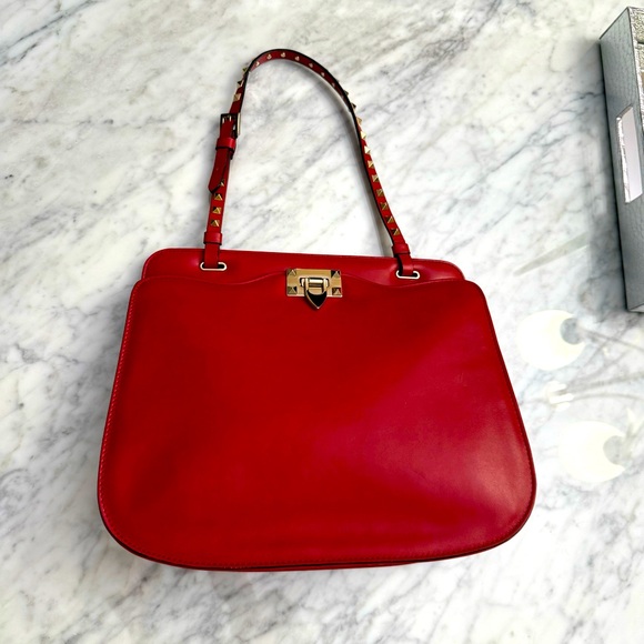 VALENTINO GARAVANI Vitello Rockstud Shoulder Satchel Red Nappa Leather Bag - Picture 4 of 16